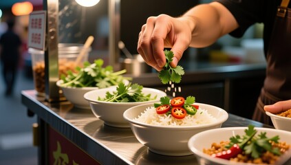 Culinary action chef preparing spicy rice dishes at street food market