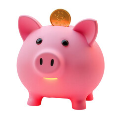 A cheerful pink piggy bank, with a gold coin being inserted into the slot, symbolizes savings and financial concepts against a stark black background, highlighting concepts of investment and...