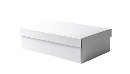 Isolated white rectangular box sits on a stark black background, showcasing its clean, crisp edges, matte finish, and simple design; the close up perspective reveals details of the lid and base.