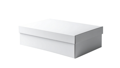 Isolated white rectangular box sits on a stark black background, showcasing its clean, crisp edges, matte finish, and simple design; the close up perspective reveals details of the lid and base.