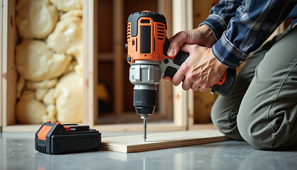 Builder using cordless drill on construction site at noon  