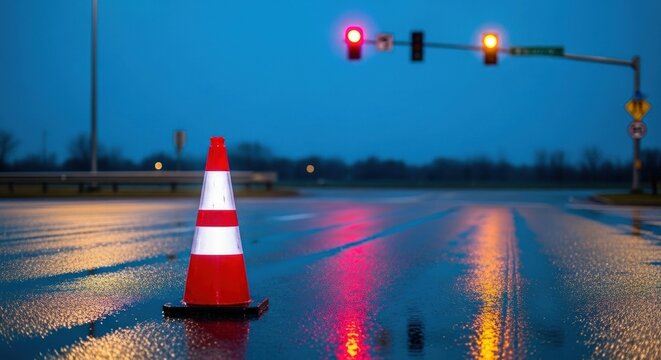 A vibrant orange and white safety cone stands on a wet road surface reflecting colorful lights during an overcast evening.