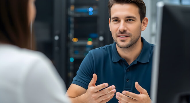 IT engineer discussing network server maintenance with a colleague.