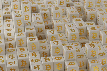White dice with the Bitcoin background. 3D illustration.