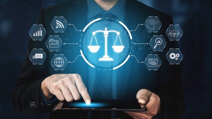 Futuristic digital law interface displaying justice scale, highlighting digital law, AI compliance, digital law systems, and digital law regulations for secure governance. Muxer