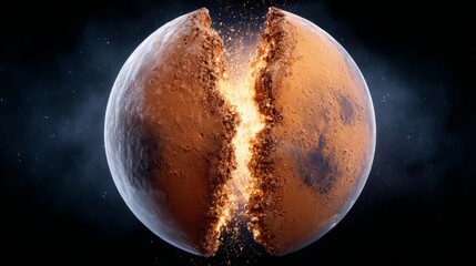 Stunning 3D illustration of a planet splitting apart, showcasing fiery elements and rocky textures, with a dramatic cosmic backdrop, representing the power of celestial forces and cosmic phenomena