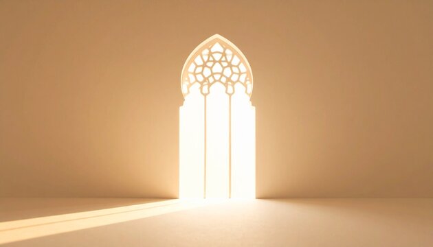 Minimal Islamic arch window illuminated by soft warm light on beige background. Spiritual and Ramadan concept with copy space.