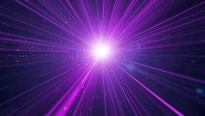 Intense bright white light emanating from a central point with radiating purple light beams and particles