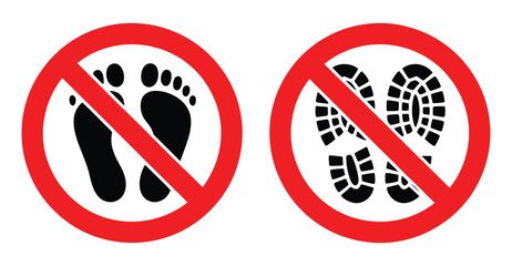 Prohibition signs for barefoot and footwear entry — vector icons of red circle with crossed-out footprints for safety, hygiene, and access control
