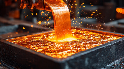 Close-up view of molten copper pouring into a mold Generative AI