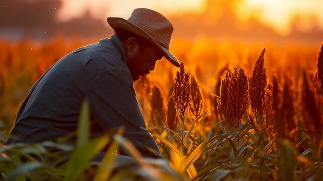 A farmer in a straw hat working in a sorghum field at sunset, surrounded by golden light and crops, symbolizing agriculture, harvest, and rural life