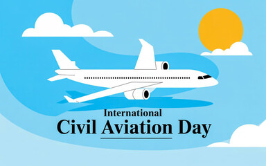 Celebrate international civil aviation day with a white airplane flying through clouds under a sunny sky