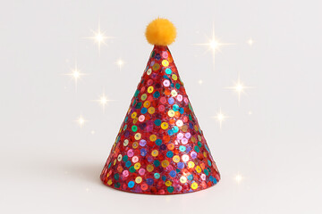 Party hat with sequins and sparkles, on a white background