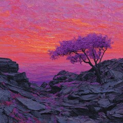 A solitary tree stands sentinel on a craggy peak, bathed in vibrant hues of a sunset sky.