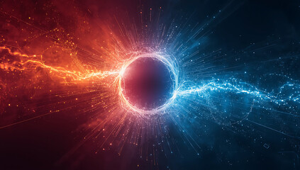 Intense Red and Blue Lightning Strikes Colliding at a Central Fiery Ring of Energy abstract collision