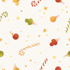 Christmas decorations seamless vector pattern. Delicate print in vintage style for New Year's wrapping paper, fabric, textile.
