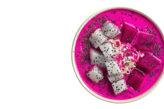 Vibrant pink dragon fruit smoothie bowl topped with fresh dragon fruit cubes and chia seeds, isolated on transparent background