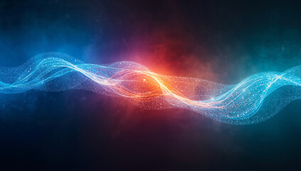 Intertwined luminous waves of blue and red light particles on a dark background abstract