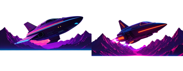 Sat of Neon Synthwave Spaceship Flying Over Purple Mountain Range at Sunset