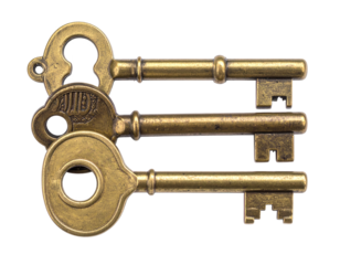 Three antique keys arranged vertically, showcasing detailed textures and historical aesthetics against a stark black backdrop, presenting a symbolic representation of security, access, and vintage...