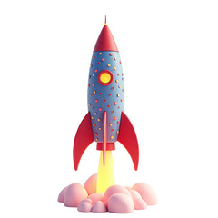 Playful illustration showcases a whimsical rocket ship design with vibrant colors, a rounded body, and retro aesthetic, launching on a dark backdrop, with fluffy pink clouds at the base and a bright