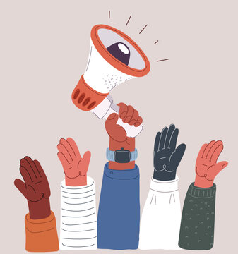 Cartoon vector illustration of a diverse group raising hands with one holding a megaphone symbol of collective voice and empowerment