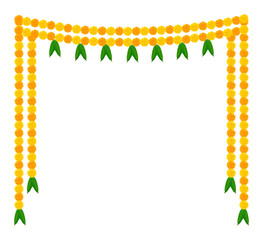 Traditional marigold flower garland toran with mango leaves, flat vector illustration of Indian floral decoration, wedding and festival border ornament design for Diwali and Hindu celebrations
