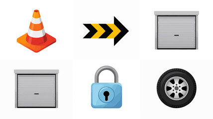 Collection of safety and security related icons including a traffic cone directional arrow garage doors padlock and tire isolated on white