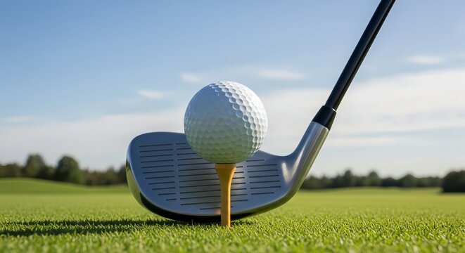 golf ball on a yellow tee with a golf club ready to strike on a green course under clear blue sky - Powered by Adobe