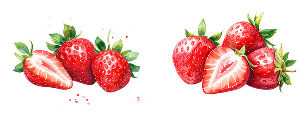 Sat of Watercolor Painting of Fresh Strawberries with a Sliced Half
