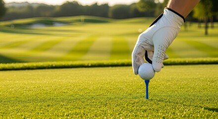 golfer’s hand wearing glove placing golf ball on tee at green course during sunny day. Beautiful fairway with fresh grass in background