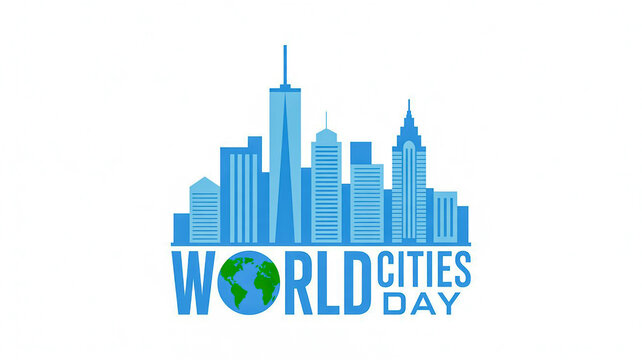 World cities day celebration skyline with globe logo and skyscrapers symbolizing global urbanism - Powered by Adobe