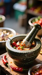 Preparing spicy chili paste market stall food photography urban setting close-up