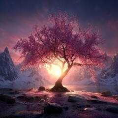 A magnificent cherry blossom tree stands majestically by a serene lake at dawn, bathed in the warm hues of a sunrise, against a backdrop of snow-capped mountains.