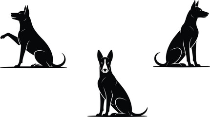 Sitting dog silhouette collection, black pet vector icons, obedient dog poses, domestic animal illustration for training, design, and decor