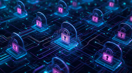 An abstract digital technology background with a circuit board design showing code, numbers, and data flowing in cyberspace