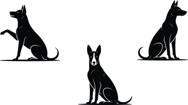 Sitting dog silhouette collection, black pet vector icons, obedient dog poses, domestic animal illustration for training, design, and decor
