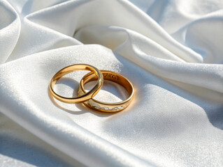 Gold Rings on White Satin Fabric with Engraved and Plain Band Overlapping Ai-Generated