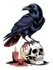 Dark crow perched on a bloodied skull with burning candles isolated on transparent background