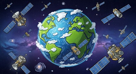 Earth Surrounded by Satellites - A Global Communication Network Illustration.