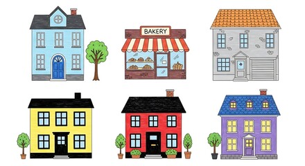 Collection of diverse cartoon houses and a bakery isolated on white background
