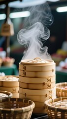 Steaming bamboo baskets market stall food photography outdoor close-up