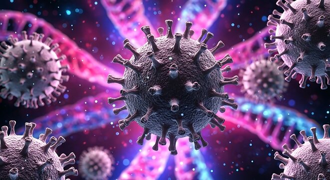 3d illustration of coronavirus cells with dna strands on a dark background - Powered by Adobe