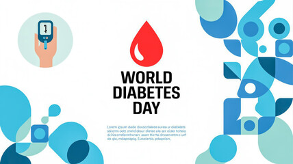 World diabetes day awareness campaign poster featuring blood drop symbol and abstract blue shapes.