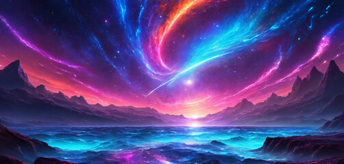 Surreal Aurora Landscape with Neon Lake