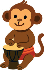 This image shows a cute cartoon monkey wearing red shorts and happily playing a drum, creating a playful and musical scene.