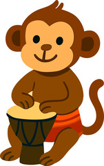 This image shows a cute cartoon monkey wearing red shorts and happily playing a drum, creating a playful and musical scene.