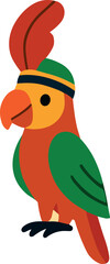 a colorful cartoon parrot with a bright orange beak, red and green feathers, and a decorative headband, giving it a festive and lively appearance.