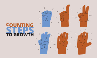 Vector illustration of hands raised with text symbolizing counting, support and collective effort. Hands showing fingers from one to five symbol of counting, communication, and learning. 1,2,3,4,5.