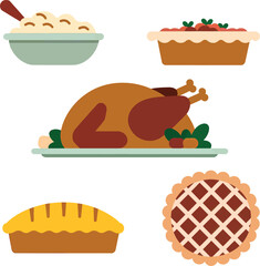 Thanksgiving dinner feast roasted turkey pies mashed potatoes vector Hand drawn © Vector World